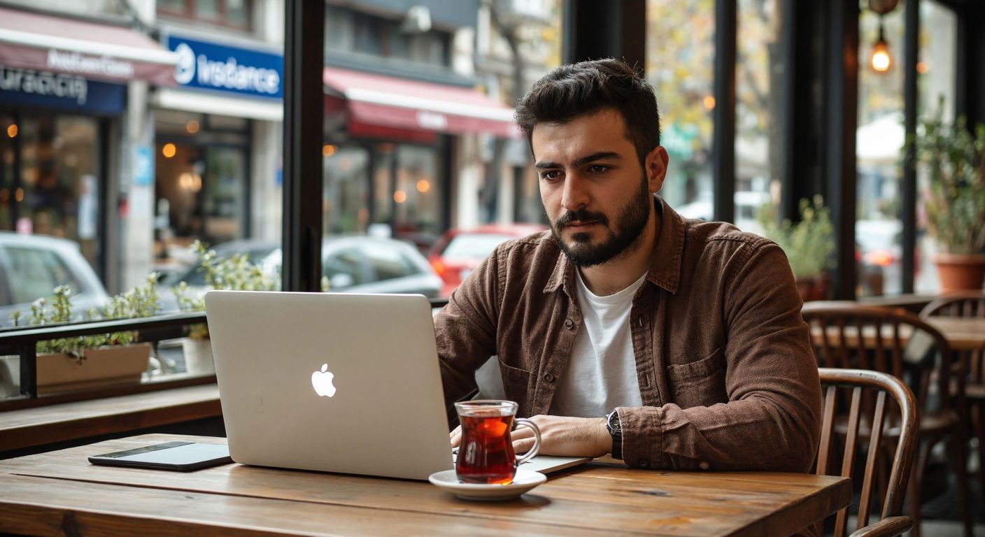 A Turkish man in casual attire sits at a wooden table with a laptop open to a webpage showing insurance options, while a steaming cup of Turkish tea rests beside him, his expression focused yet relaxed.