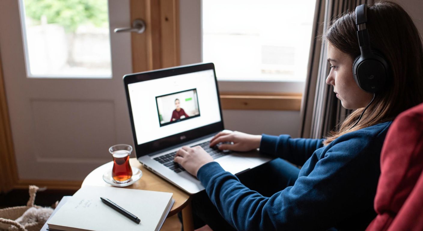 A young student in a cozy home setting in Van, wearing headphones and intently focusing on a laptop screen displaying a virtual classroom, with a steaming cup of Turkish tea and a notebook nearby.