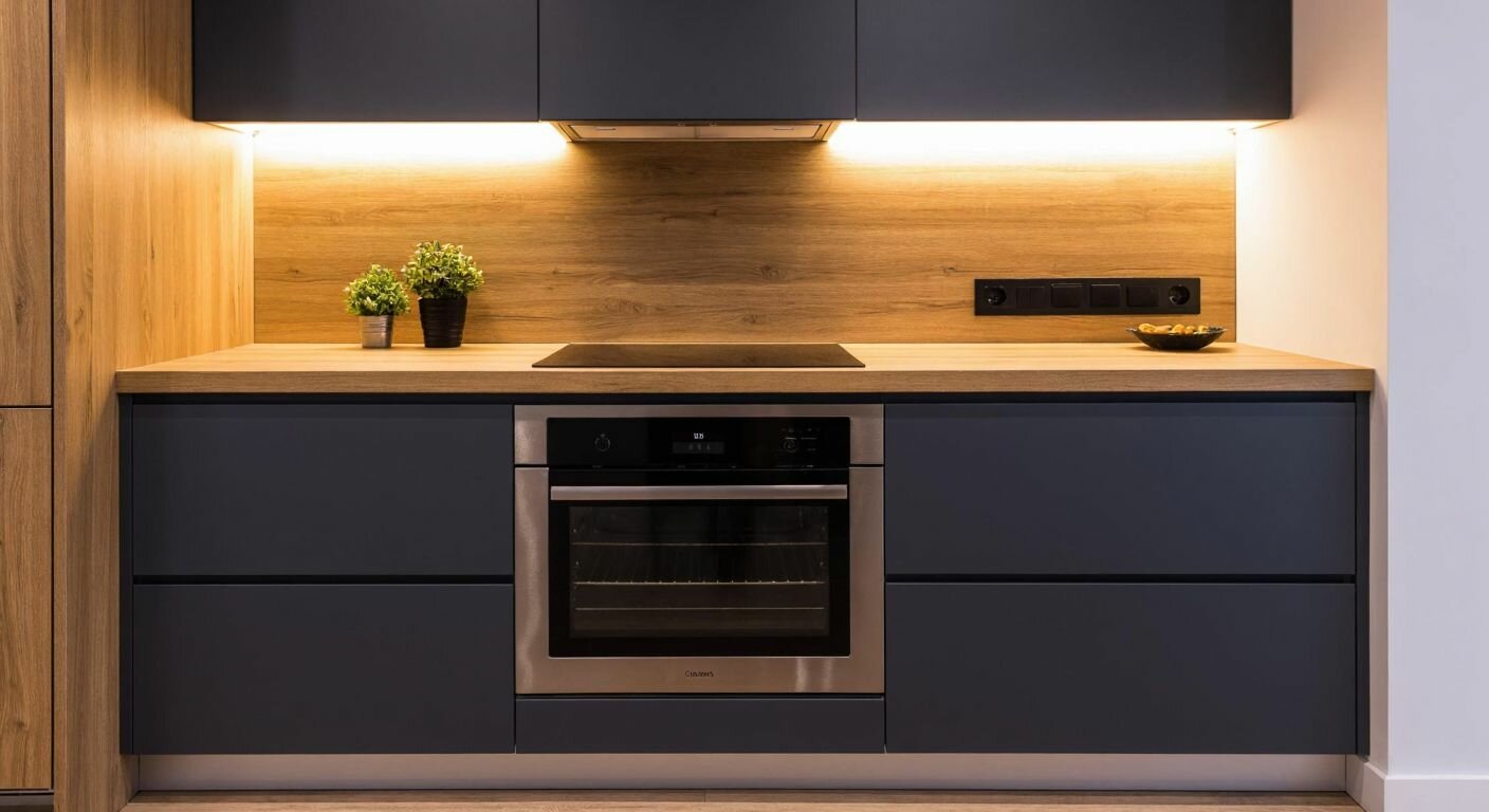 A sleek modern kitchen in Turkey with a built-in oven neatly installed under a wooden countertop, surrounded by matching cabinetry and warm lighting.