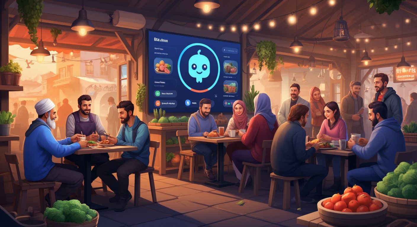 A vibrant digital marketplace interface with Turkish vendors, a lively community discussion group in a cozy café, a friendly Discord bot icon on a school computer, and a Romanian farm with fresh chicken products.