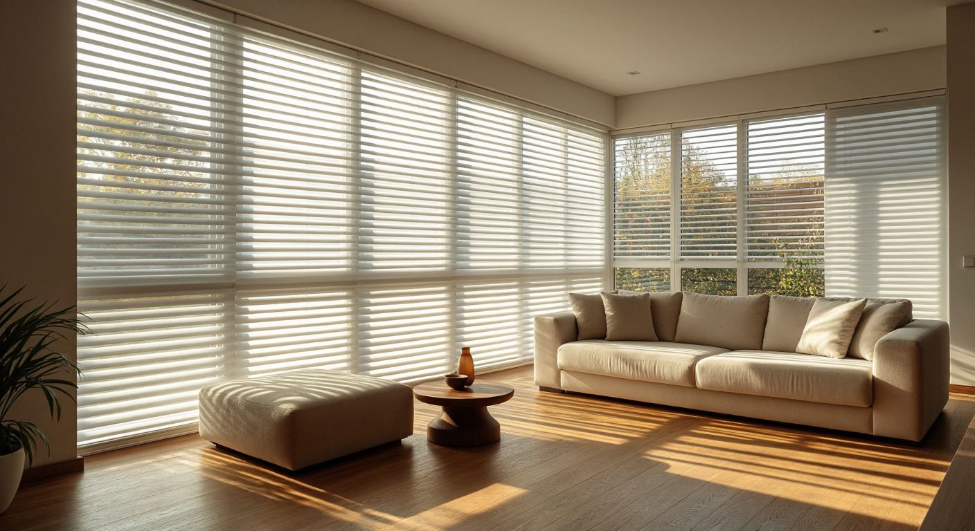 A sunlit Turkish living room with large windows adorned with sleek, white vertical blinds partially tilted to filter light, casting soft stripes on a wooden floor and a modern beige sofa.