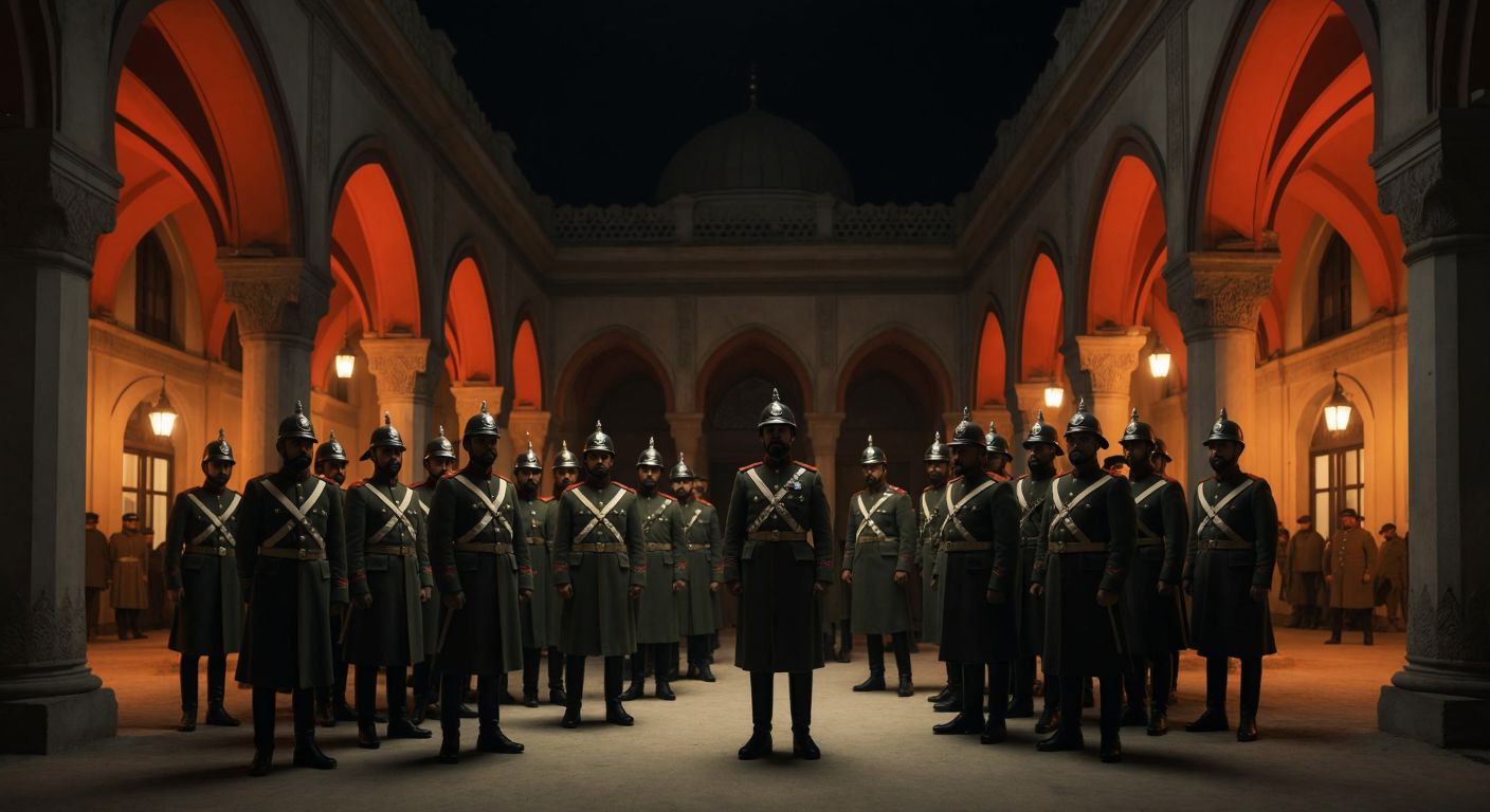 A group of stern-faced German officers in Ottoman military uniforms stand in a dimly lit Istanbul courtyard, their Prussian-style helmets contrasting with the ornate arches of a historic Ottoman barracks.