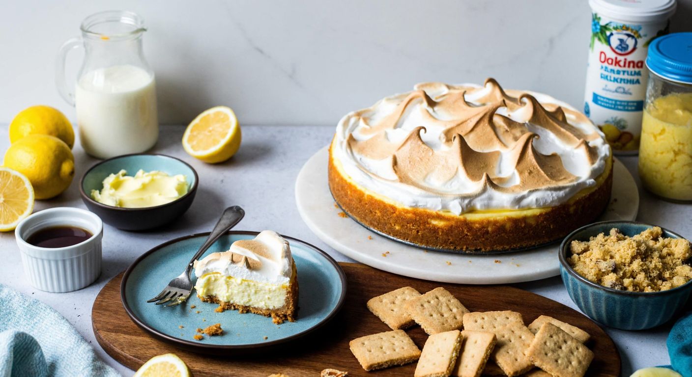 A Turkish kitchen counter scattered with ingredients like labneh, crushed biscuits, melted butter, and lemons, with a golden meringue-topped cheesecake cooling on a ceramic plate.