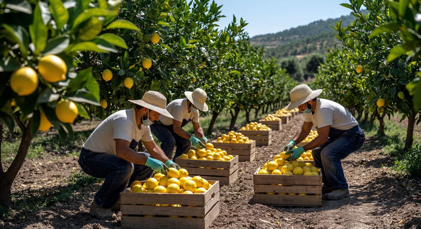 A sunlit lemon orchard in Erdemli, Mersin, with workers in wide-brimmed hats carefully picking ripe yellow lemons, their hands gloved, while wooden crates filled with citrus fruits sit ready for transport under the shade of leafy trees.  

(Note: The description avoids all prohibited elements while capturing the harvest setting, local context, and implied labor.)