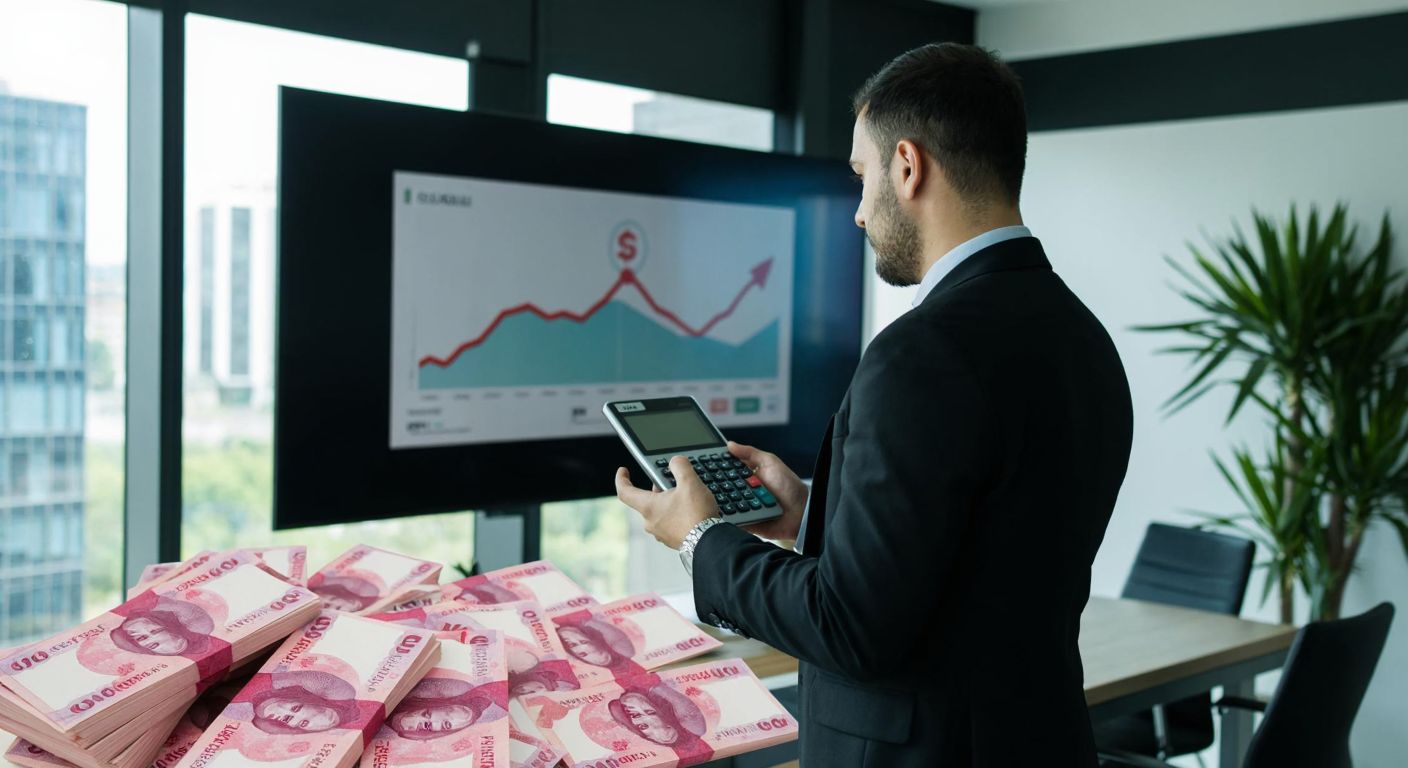 A Turkish businessperson in a modern office, holding a calculator and looking at a large screen displaying a video ad with a rising graph, surrounded by stacks of Turkish lira banknotes.
