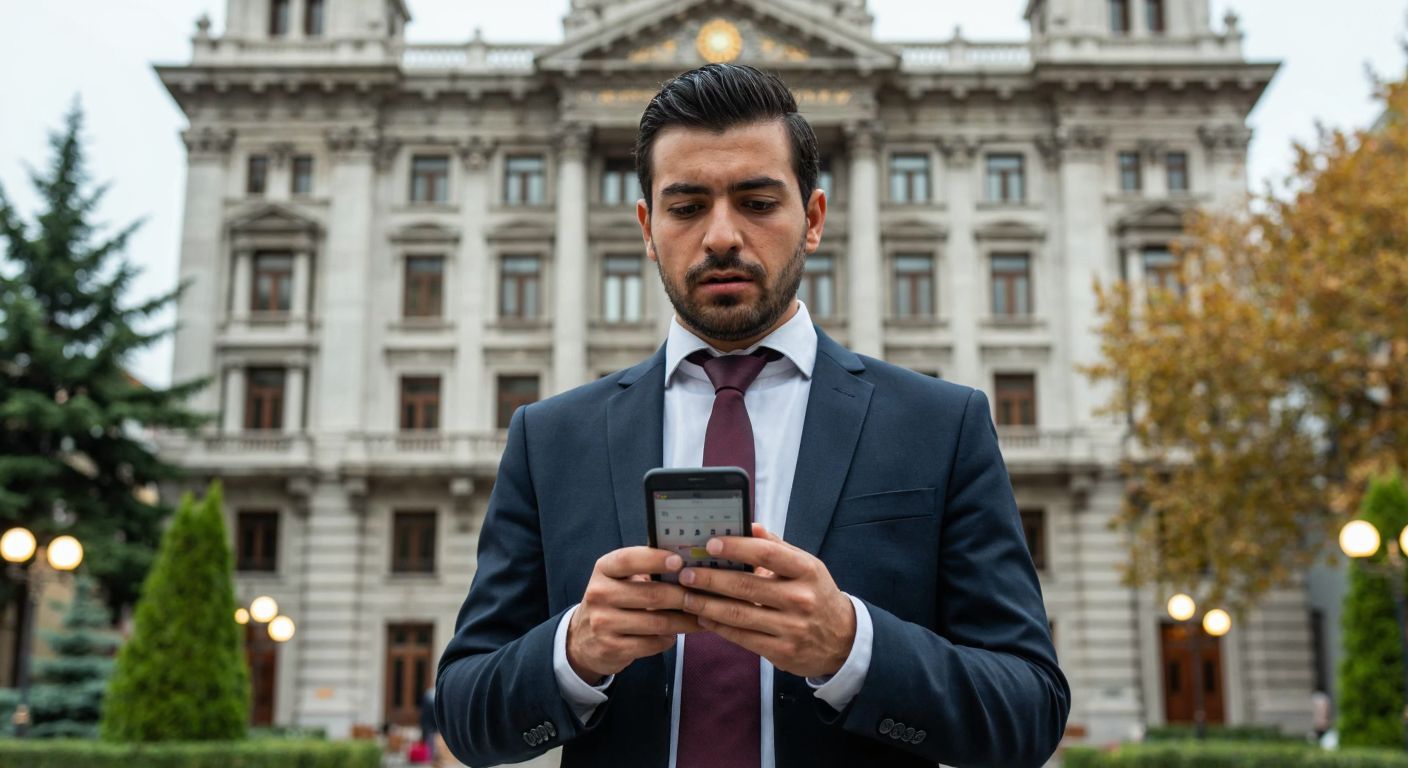 A well-dressed Turkish businessman in a suit stands in front of the Istanbul Chamber of Commerce building, holding a smartphone with a calendar app open, looking slightly puzzled but determined.