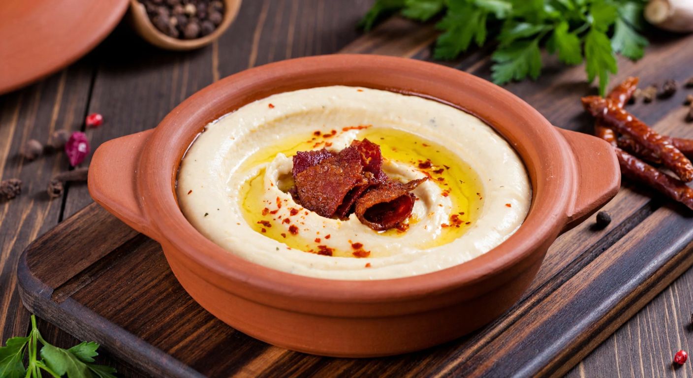 A rustic Turkish clay güveç dish filled with creamy hummus, topped with a sprinkle of cumin, red pepper flakes, and crispy pastırma, resting on a wooden table with scattered whole spices and fresh herbs nearby.