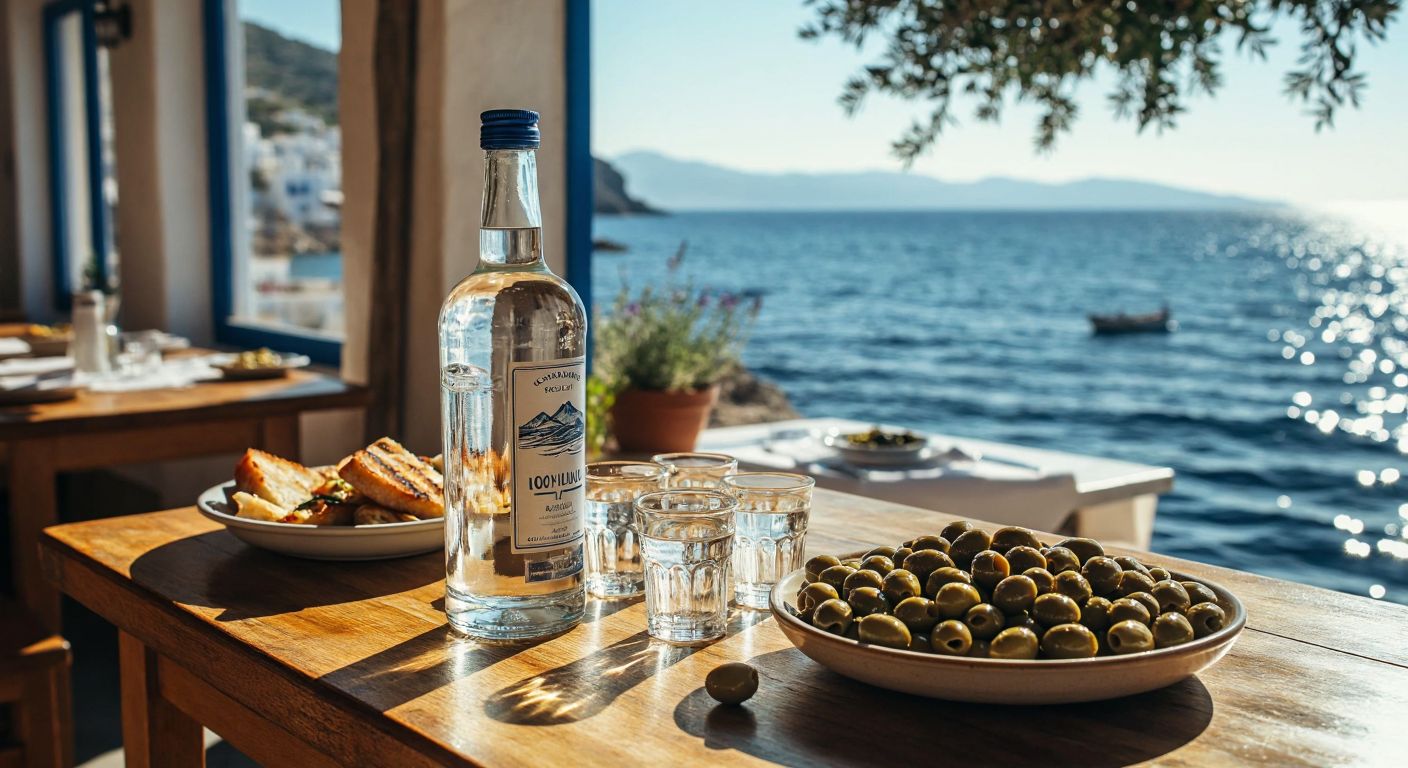A sunlit Greek taverna with a clear bottle of uzo and small glasses on a wooden table, surrounded by olives and fresh seafood, overlooking the Aegean Sea.