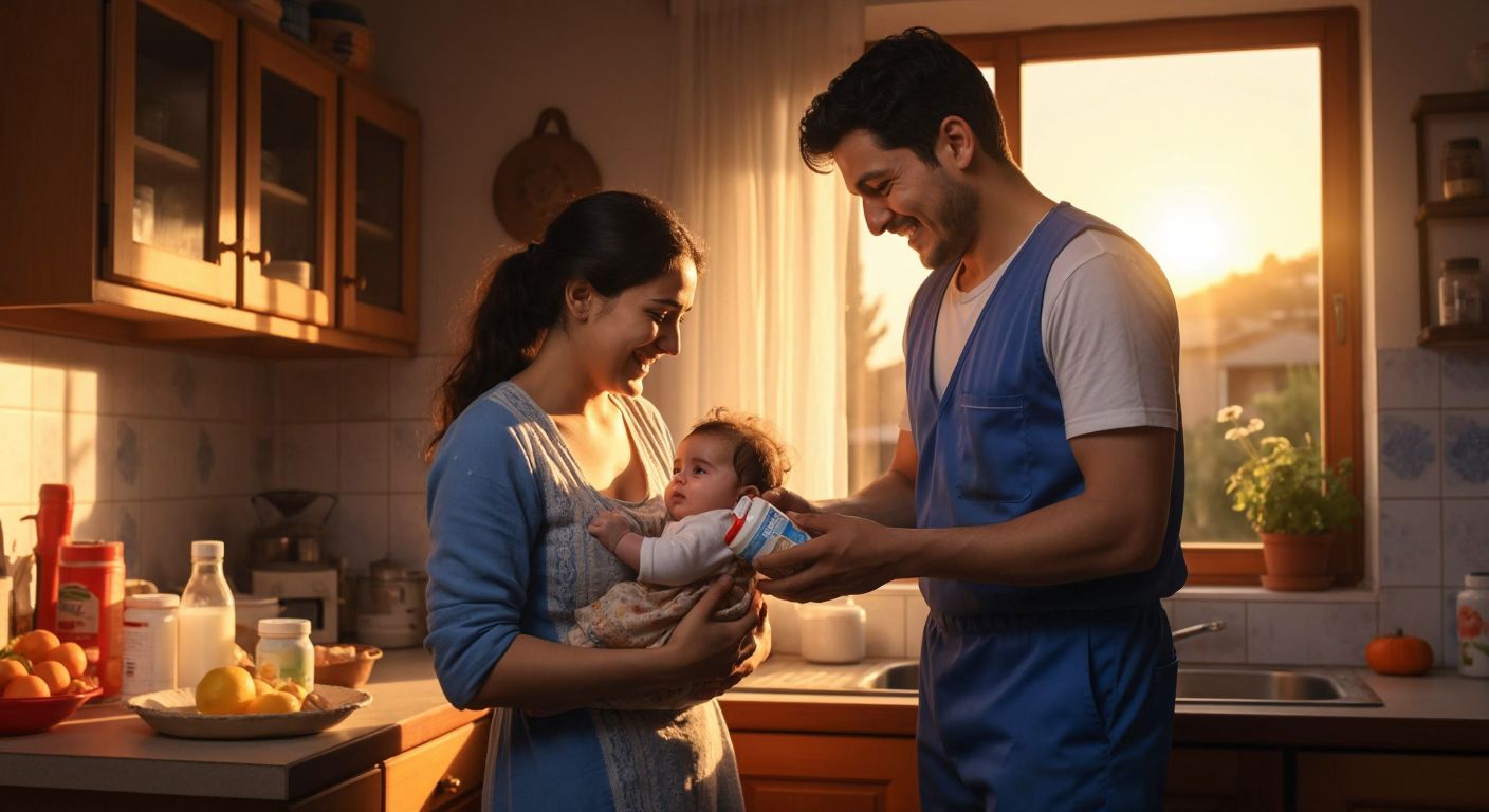 A smiling Turkish mother in a modest home kitchen cradles her baby while receiving a carton of fresh milk from a municipal worker in a blue uniform, with warm sunlight streaming through the window.