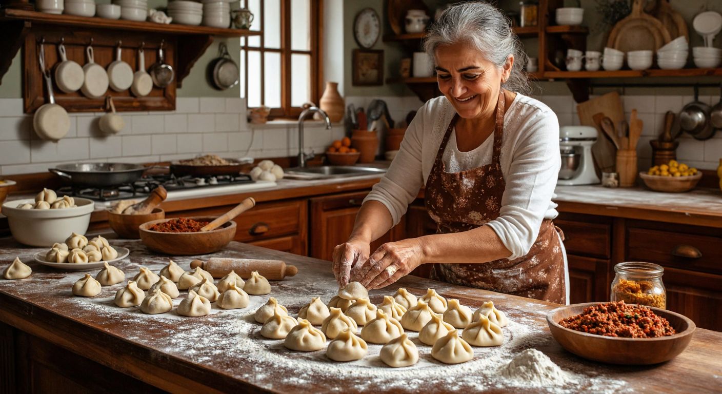 A Turkish kitchen counter scattered with freshly made *mantı* dumplings of varying sizes, a rolling pin and flour nearby, and a smiling elderly woman in an apron carefully shaping small dough parcels filled with spiced minced meat.