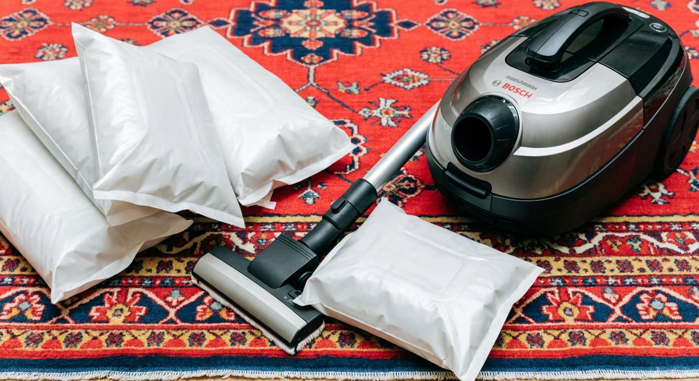 A sleek Bosch vacuum cleaner sits on a Turkish rug, with a pile of synthetic fabric dust bags neatly stacked beside it, their white material contrasting against the vibrant rug patterns.