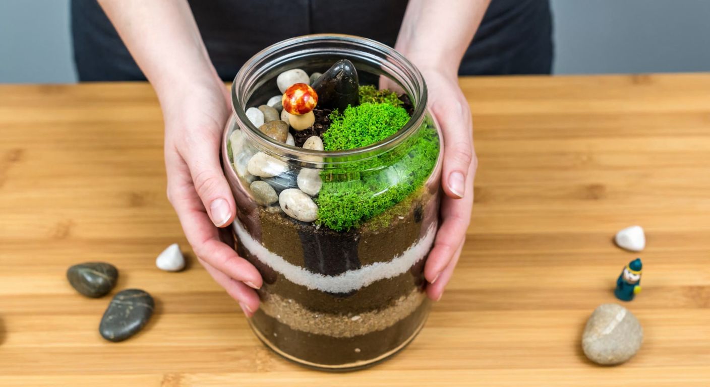 A pair of hands carefully arranging layers of pebbles, moss, and soil inside a wide-mouthed glass jar, with small decorative stones and miniature figurines scattered nearby on a wooden table.