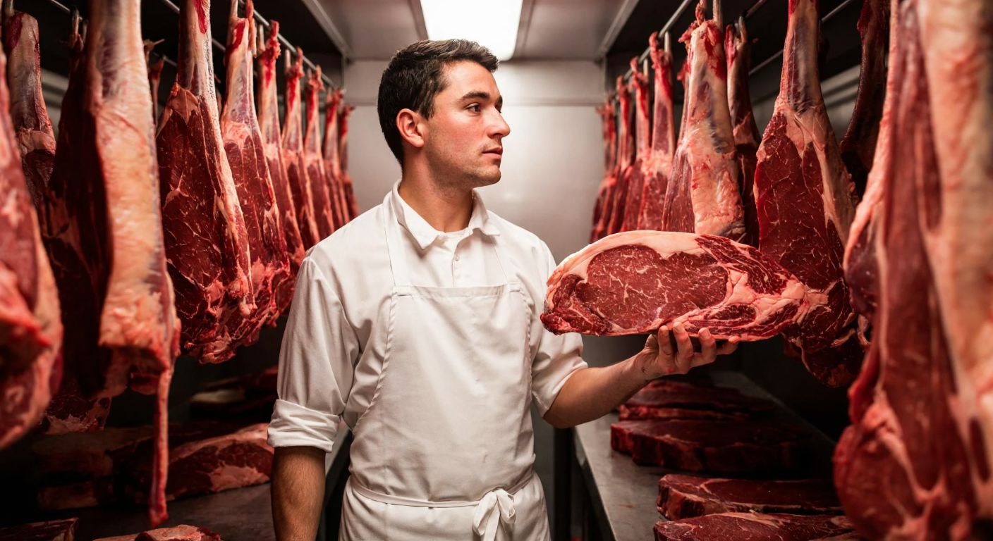 A butcher in a white apron stands in a cold storage room filled with hanging cuts of meat, holding a fresh slab of beef with a thoughtful expression.