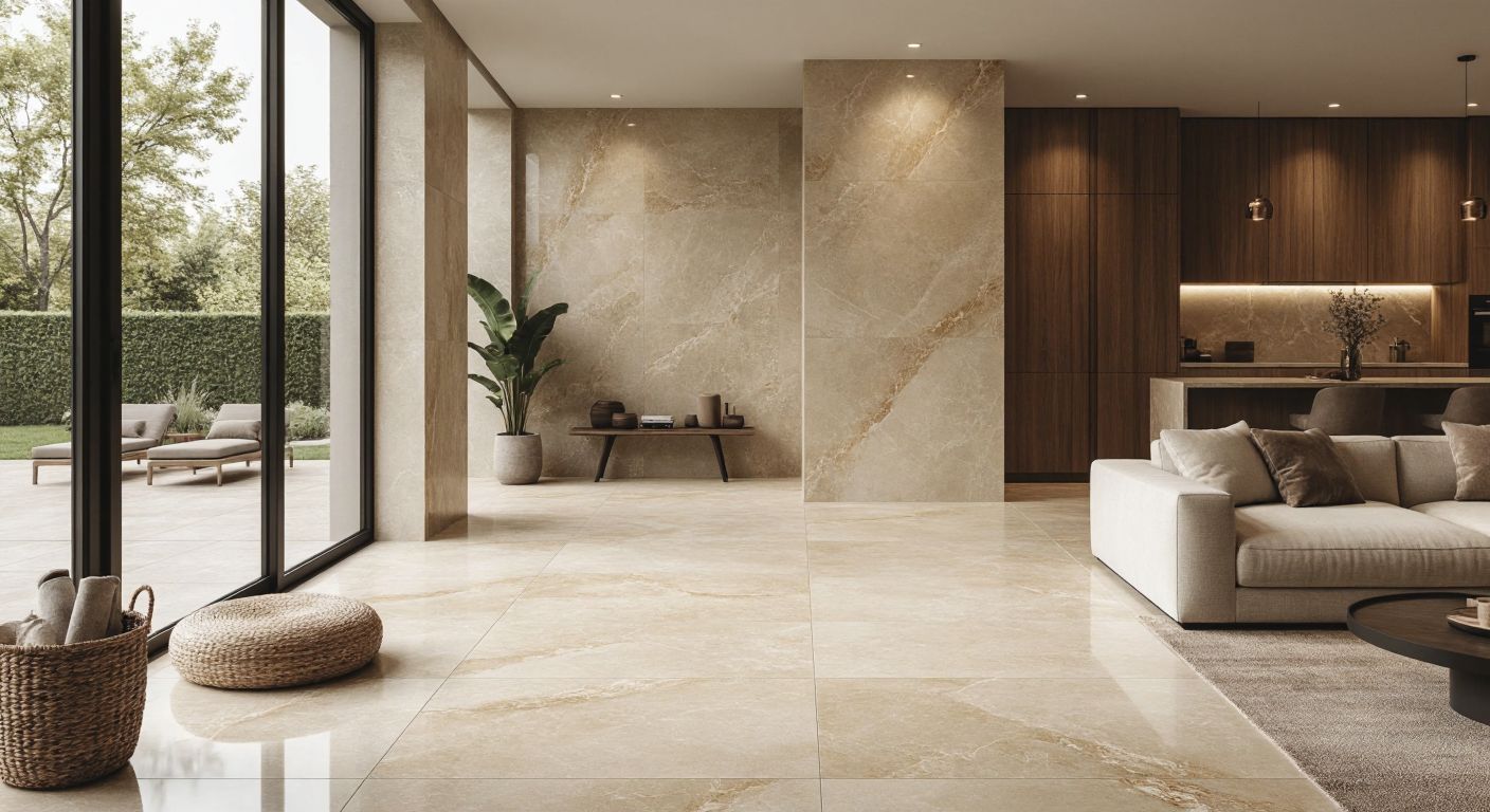 A modern Turkish home interior with elegant, warm ivory-toned Norde Magnesio tiles covering the floor and walls, featuring subtle gold and pale pewter veining that mimics marble and granite textures.