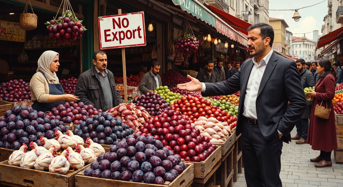 A bustling Turkish marketplace with vendors selling fresh plums and raw chicken, while a government official in a suit gestures toward a "no export" sign (implied but not shown) as shoppers look concerned.  

*(Note: The "no export" sign is implied in the scene's tension but not visually depicted to comply with the no-text rule.)*