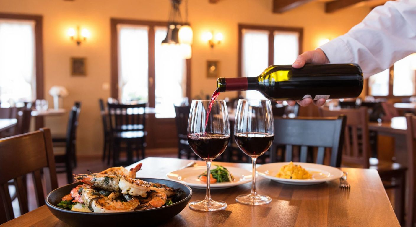 A cozy Mediterranean-style restaurant with warm lighting, wooden tables adorned with wine glasses, and a waiter pouring red wine into a glass while a plate of grilled seafood sits nearby.
