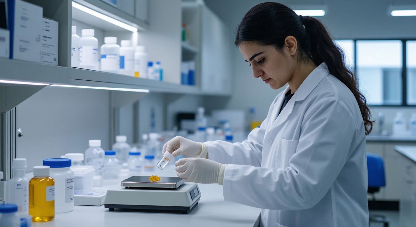 A focused lab technician in a white coat carefully places a small sample on a pristine digital scale in a clean, well-lit Turkish laboratory.