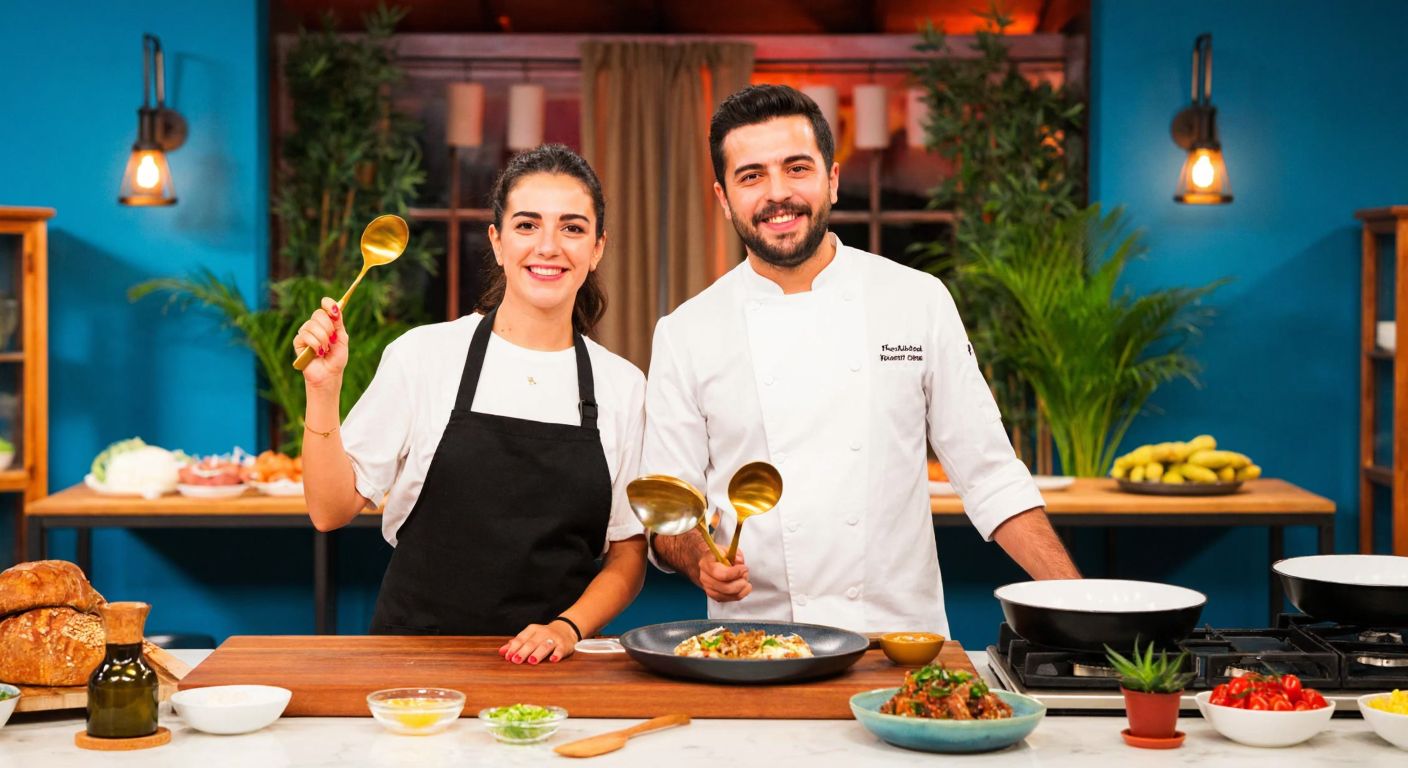 A vibrant Turkish kitchen scene with two chefs, Ezgi and Hasan, proudly holding golden spoons, surrounded by colorful local dishes and cheering contestants in the background.