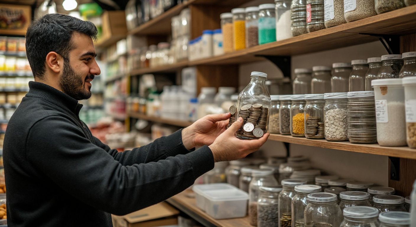 A Turkish customer handing a stack of empty glass bottles to a shopkeeper in a bustling market, receiving coins in return, with shelves of reusable containers in the background.