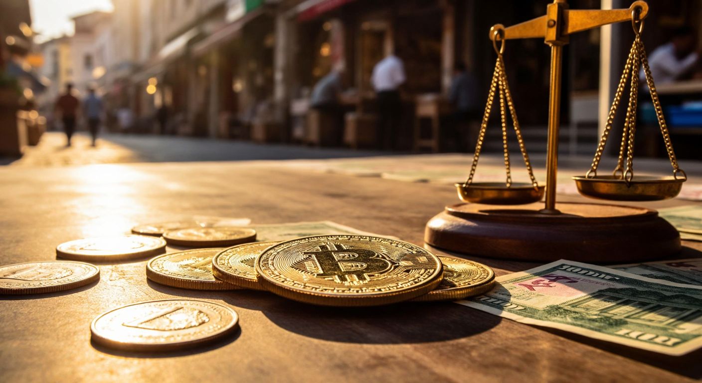 A gleaming gold coin rests on a wooden table in a sunlit Turkish bazaar, surrounded by scattered lira bills and a small scale, evoking curiosity and financial exchange.