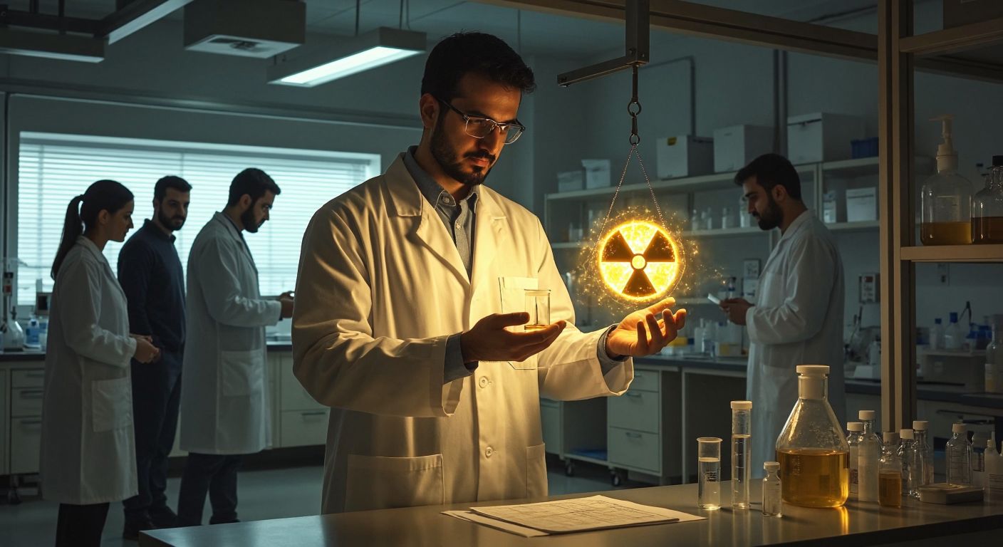 A scientist in a lab coat holds a glowing radiation symbol in one hand and a small scale with tiny weights in the other, standing in a sterile laboratory with Turkish colleagues observing.