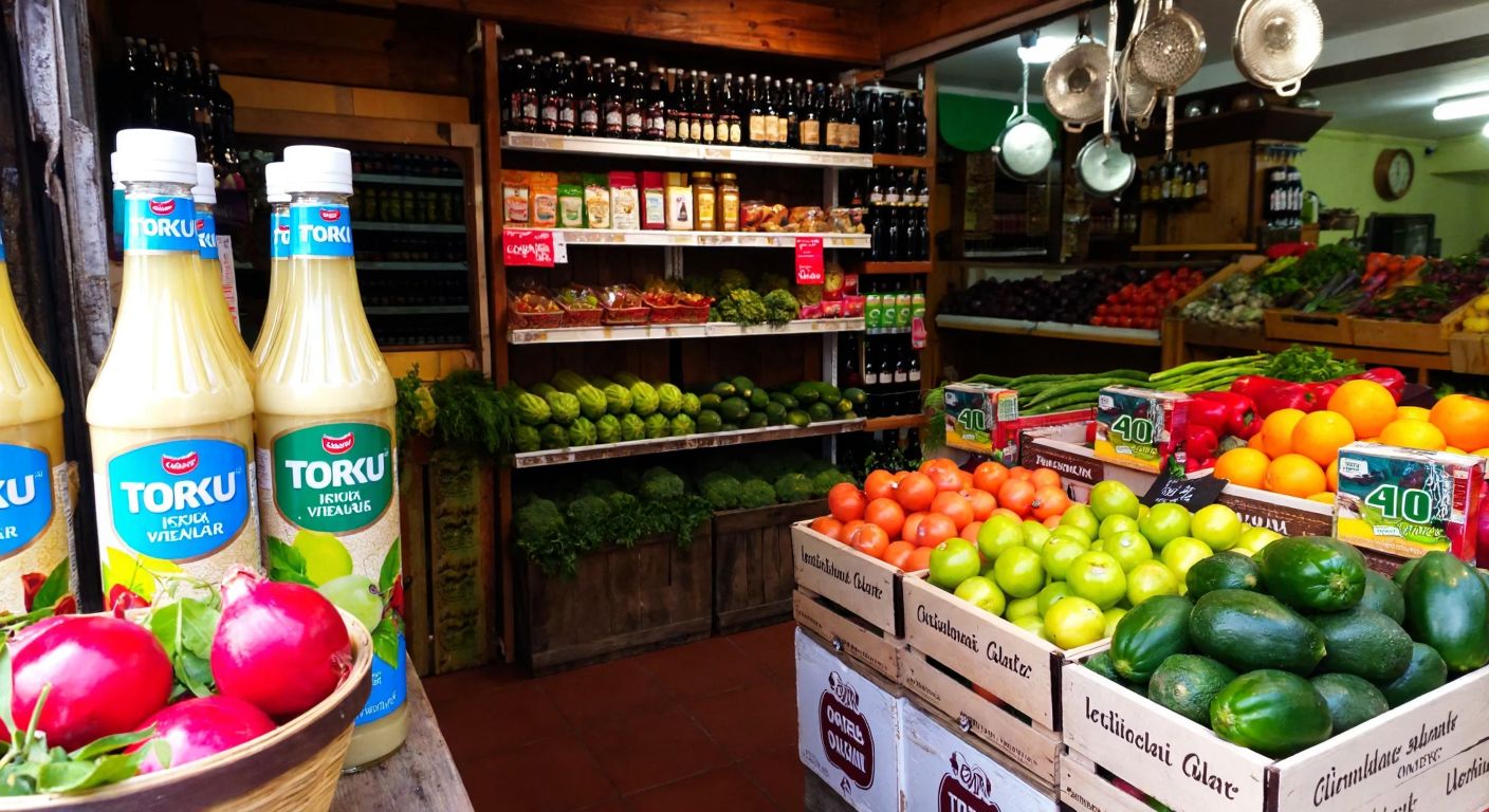 A rustic Turkish marketplace with shelves displaying Torku-branded vinegar bottles next to fresh produce, while a separate aisle features A101 store-brand products, emphasizing their distinct origins.