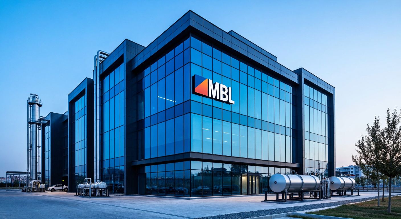 A modern corporate office building in Turkey with the MLB Group logo subtly integrated into the glass facade, surrounded by sleek industrial equipment symbolizing Mepsan's petroleum technology sector.