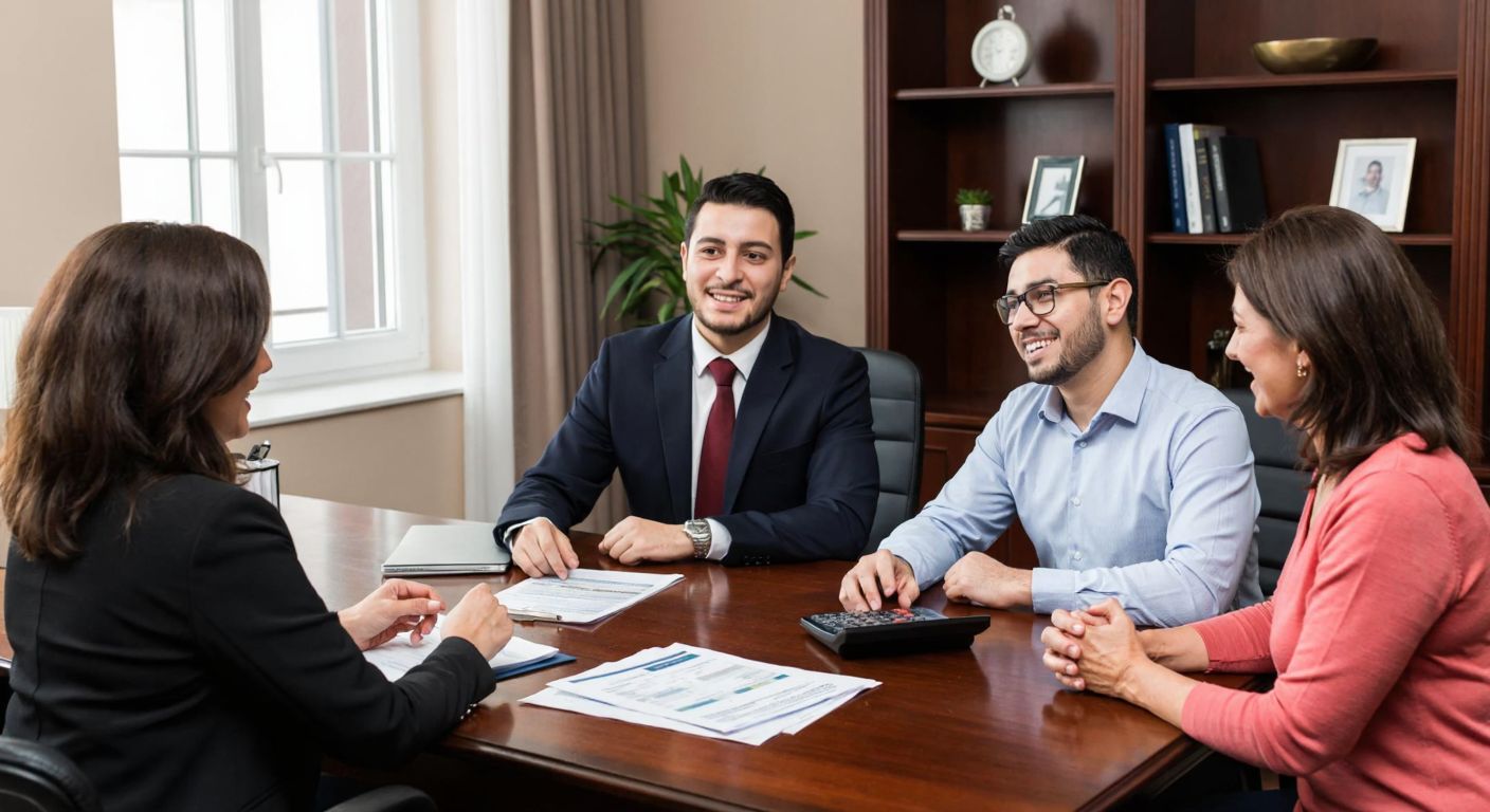 A Turkish accountant in a formal office setting smiles while explaining tax policies to a relieved middle-aged couple, with documents and a calculator on the desk between them.