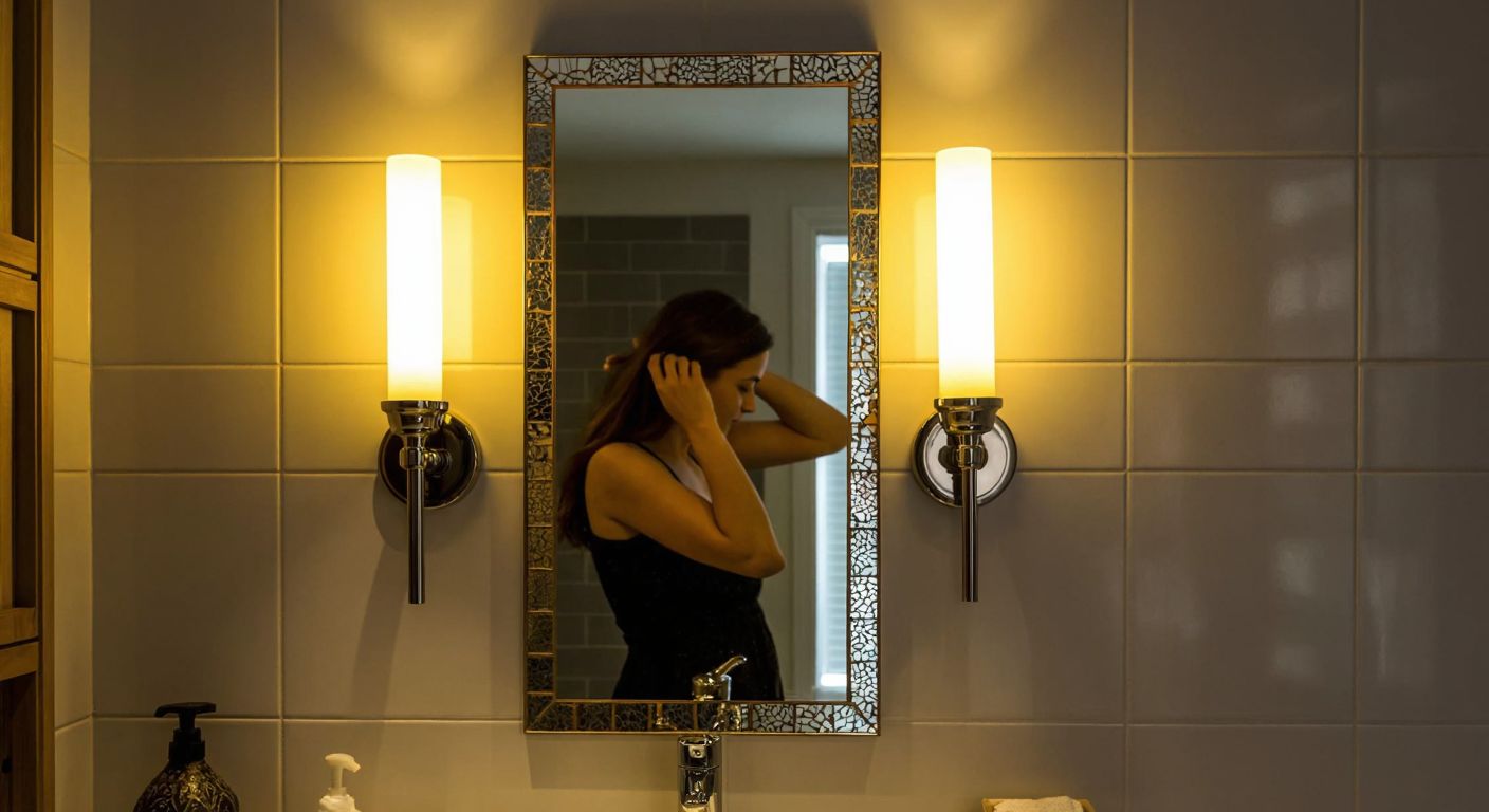 A sleek, modern wall-mounted flüt aplik casts a warm golden glow on a Turkish-style mosaic mirror in a cozy, tiled bathroom, highlighting intricate patterns while a woman adjusts her hair in the reflection.