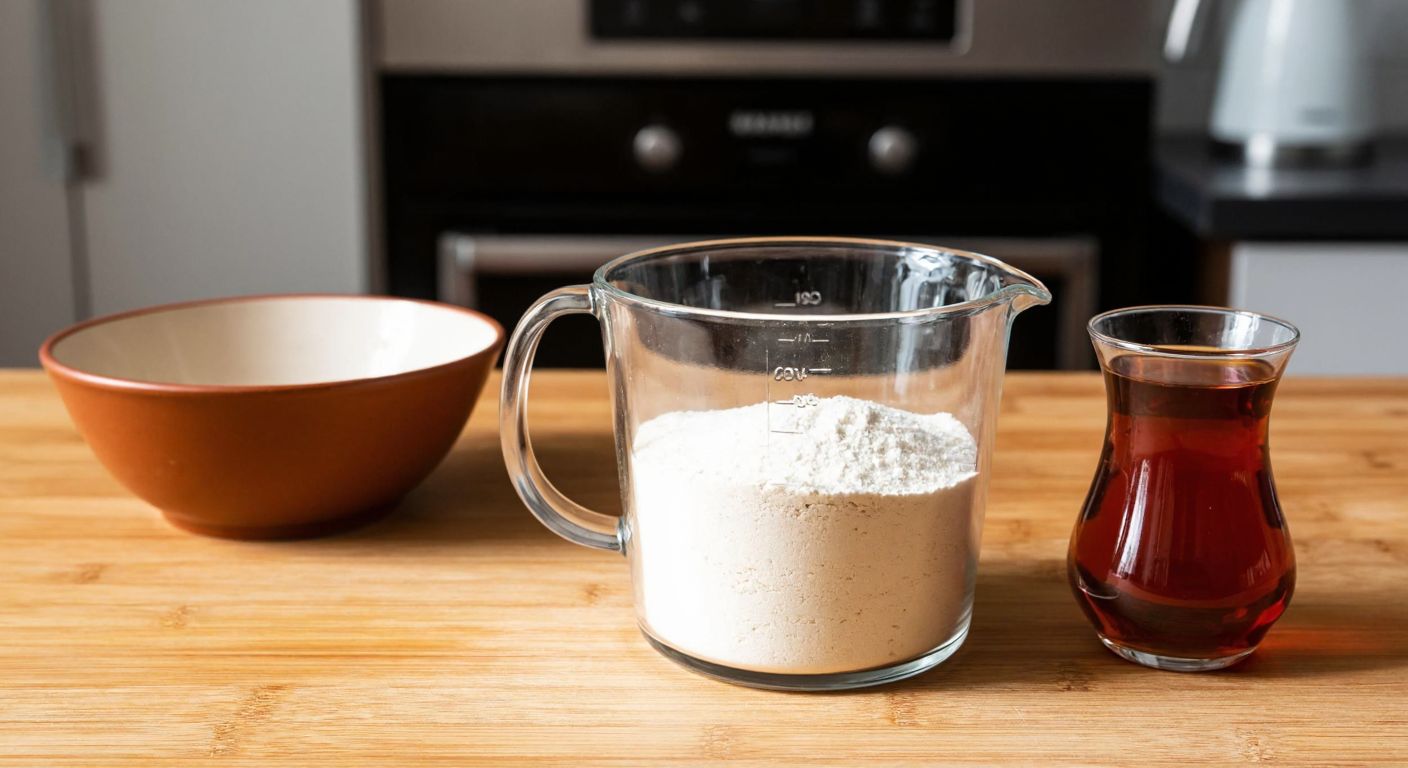 A wooden kitchen counter in Turkey with a glass measuring cup filled halfway with flour, a ceramic bowl beside it, and a traditional Turkish tea glass resting nearby, evoking a warm, homey cooking atmosphere.