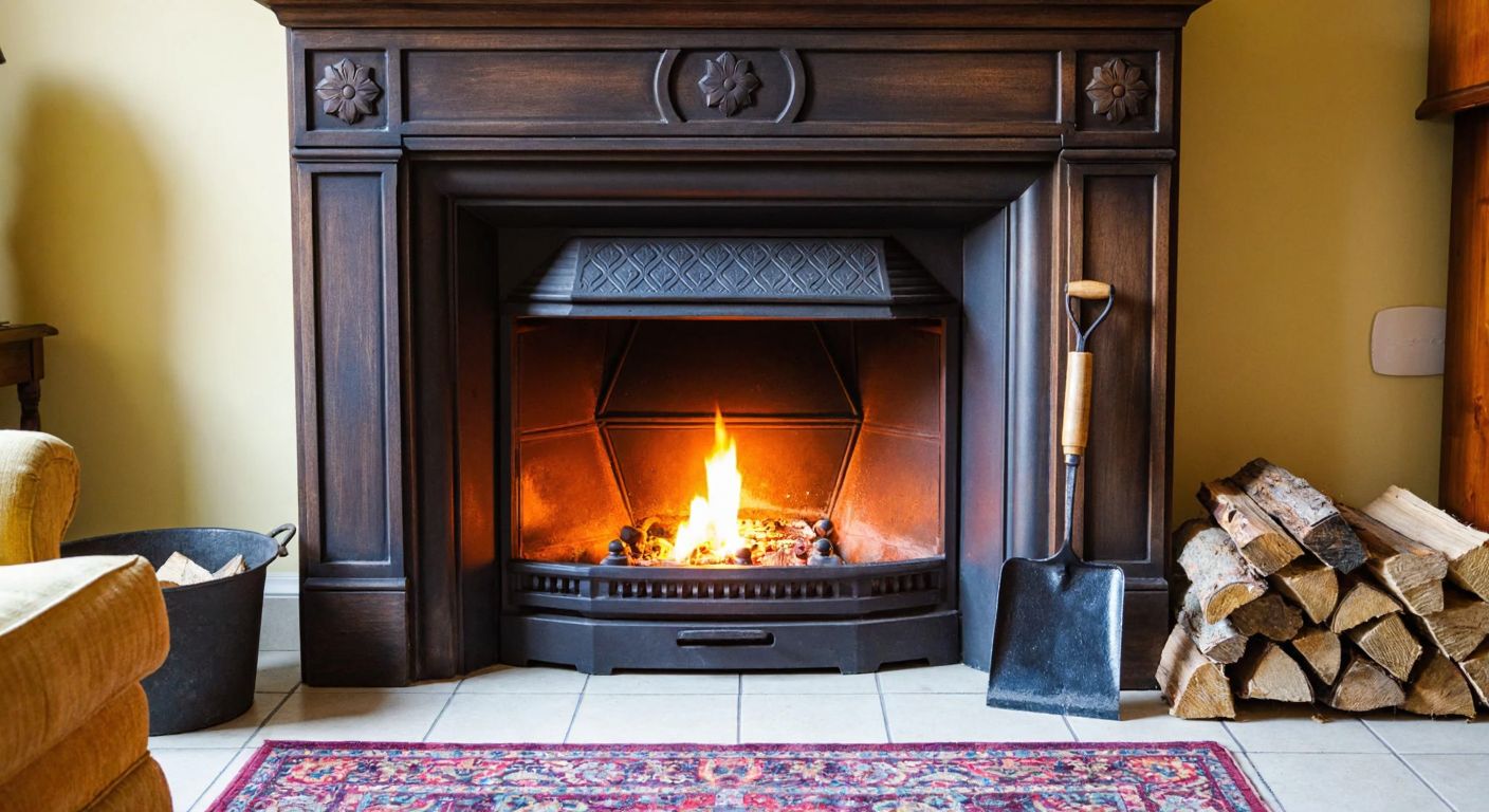A sturdy cast iron fireplace hearth glowing warmly in a cozy Turkish living room, surrounded by well-worn but cared-for tools and a neatly stacked pile of firewood.