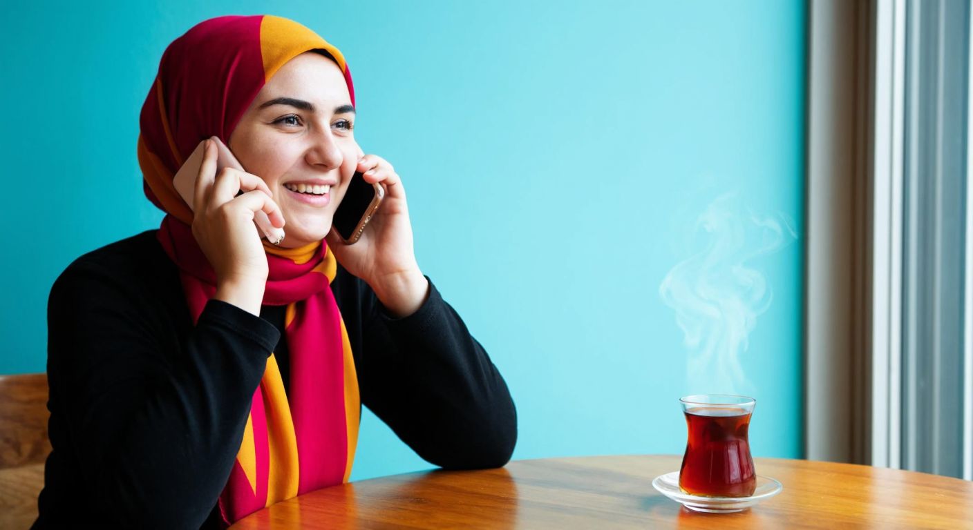 A Turkish woman in a bright headscarf sits at a wooden table, holding a smartphone to her ear with a hopeful expression, while a steaming cup of çay rests beside her.