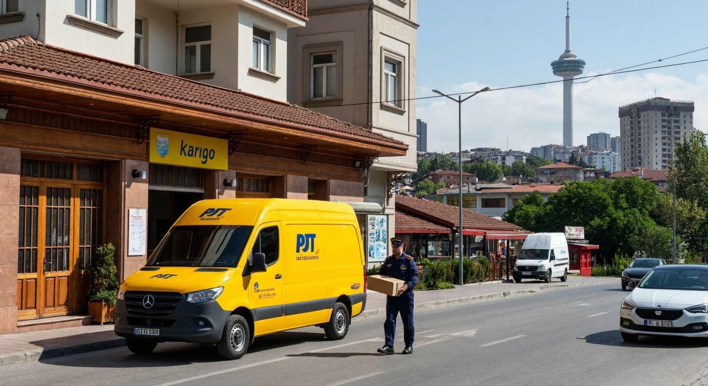 A bustling Ankara street with a PTT Kargo delivery van parked outside a traditional Turkish post office, a uniformed worker carrying a package, and the city's iconic Atakule Tower visible in the background.