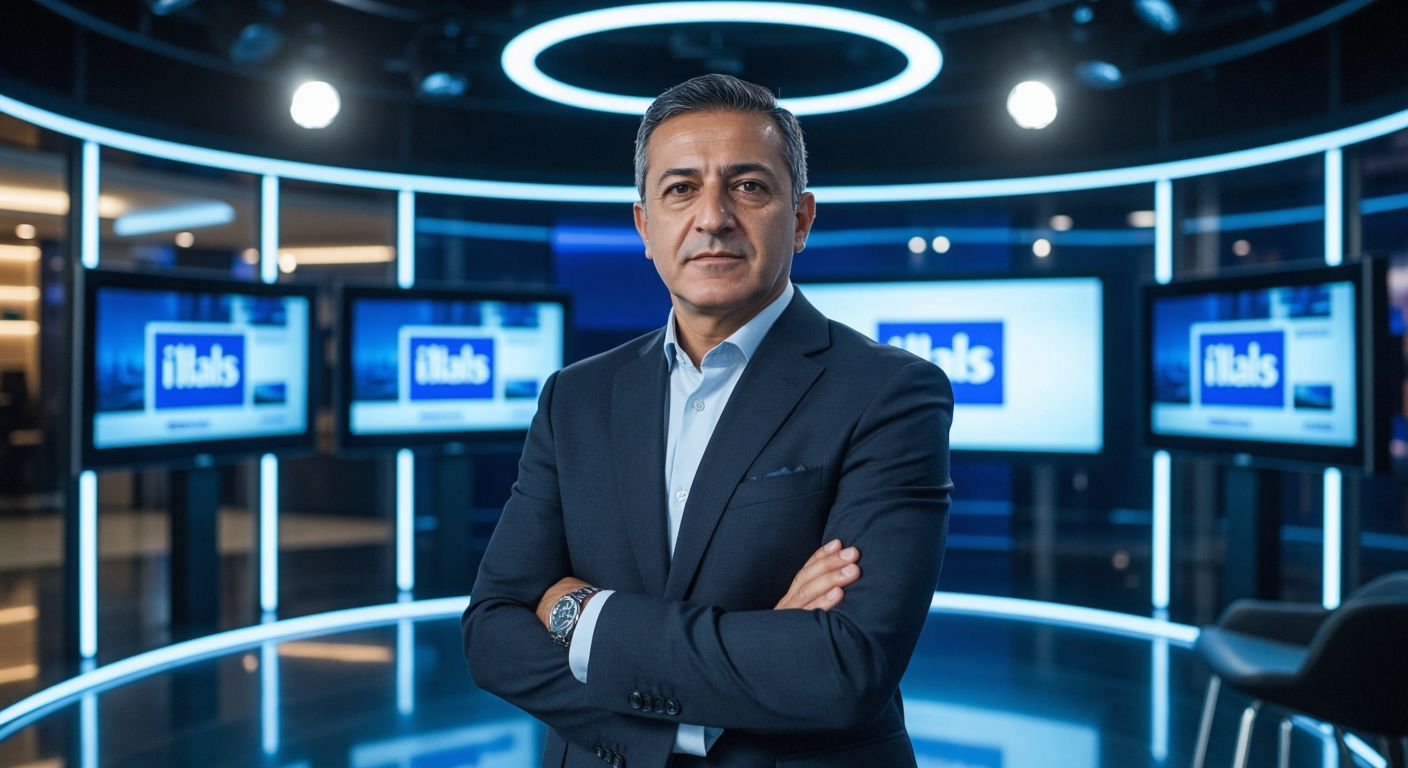 A confident middle-aged Turkish businessman in a sharp suit stands in a modern media studio, surrounded by glowing TV screens broadcasting news, with the İhlas Holding logo subtly reflected in the background.