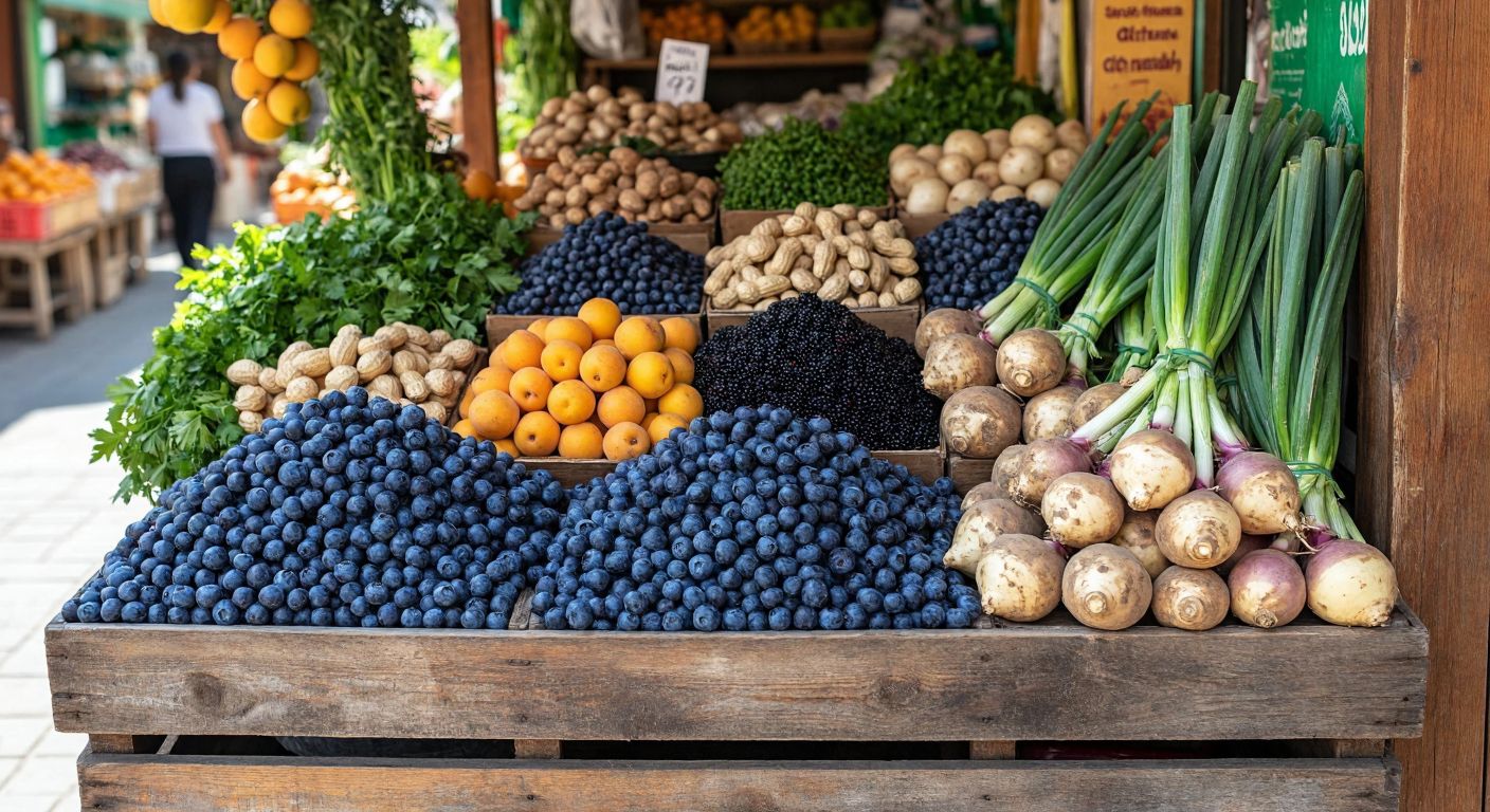 A vibrant wooden market stall in Turkey overflowing with fresh blueberries, loquats, Jerusalem artichokes, peanuts, green onions, and yams, arranged neatly under a warm sun.