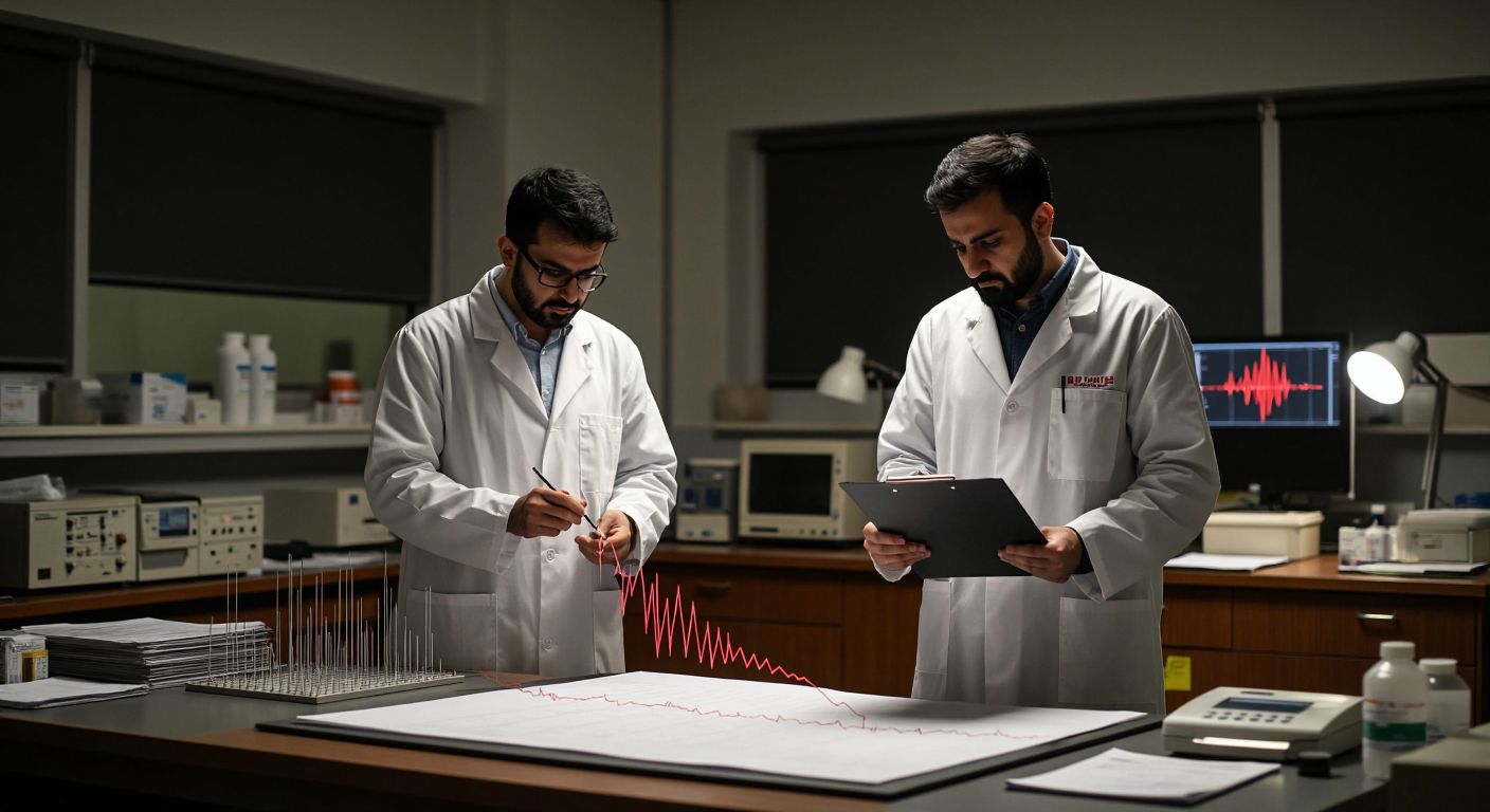 A seismograph needle sharply zigzagging across paper as two scientists in lab coats—one holding a clipboard with Kandilli's logo, the other with AFAD's—exchange puzzled glances in a dimly lit earthquake monitoring station in Istanbul.