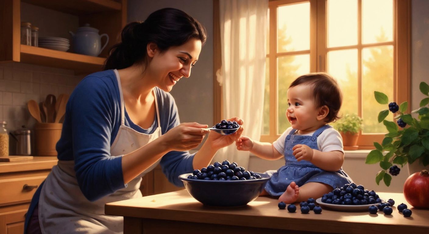 A smiling Turkish mother in a sunlit kitchen gently offers a small spoonful of fresh blueberry puree to her curious baby seated in a highchair, with a bowl of vibrant blueberries nearby.