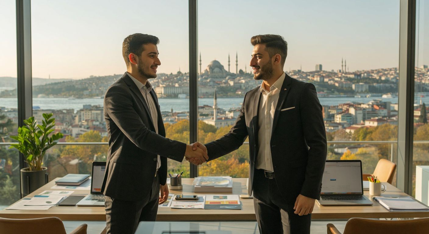 Two confident young Turkish men in business attire shaking hands in a modern office, surrounded by creative marketing materials and a vibrant Istanbul skyline visible through the window.