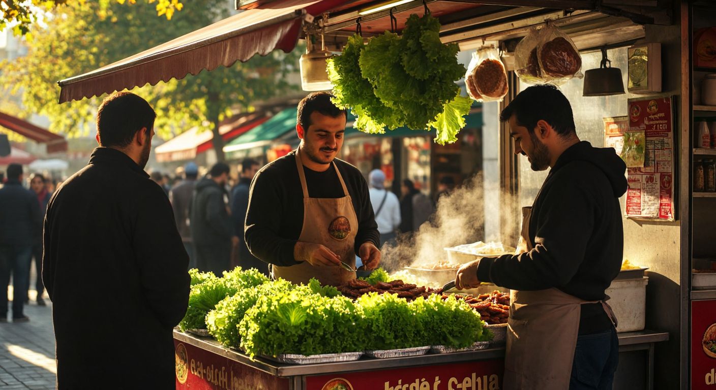A bustling Turkish street food stall with a vendor proudly serving fresh *çiğ köfte* on lettuce leaves, surrounded by eager customers under warm golden sunlight, evoking the brand's heritage since 1993.