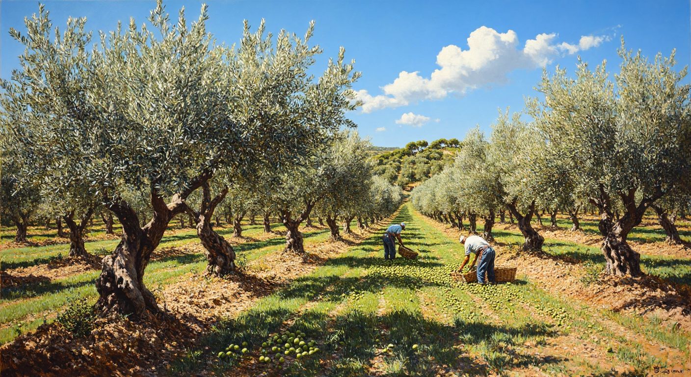 A sunlit olive grove in Spain with rows of gnarled olive trees, their silvery-green leaves shimmering, and workers harvesting ripe olives under a bright blue sky.