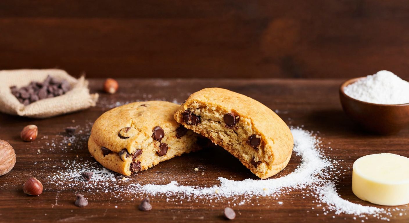 A golden-brown Hanımeller biscuit split open on a rustic wooden table, revealing a crumbly interior dotted with cocoa chips and hazelnut pieces, surrounded by scattered flour, sugar, and a small bowl of melted butter.