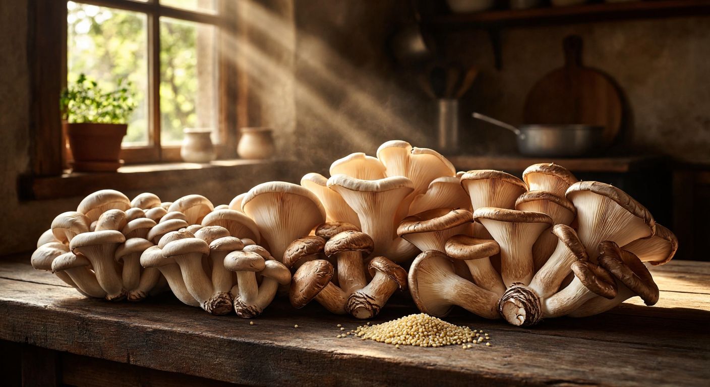 A rustic wooden table in a Turkish kitchen displays clusters of fresh oyster mushrooms, shiitake, and reishi mushrooms alongside small grains of millet, with a warm golden light highlighting their textures.