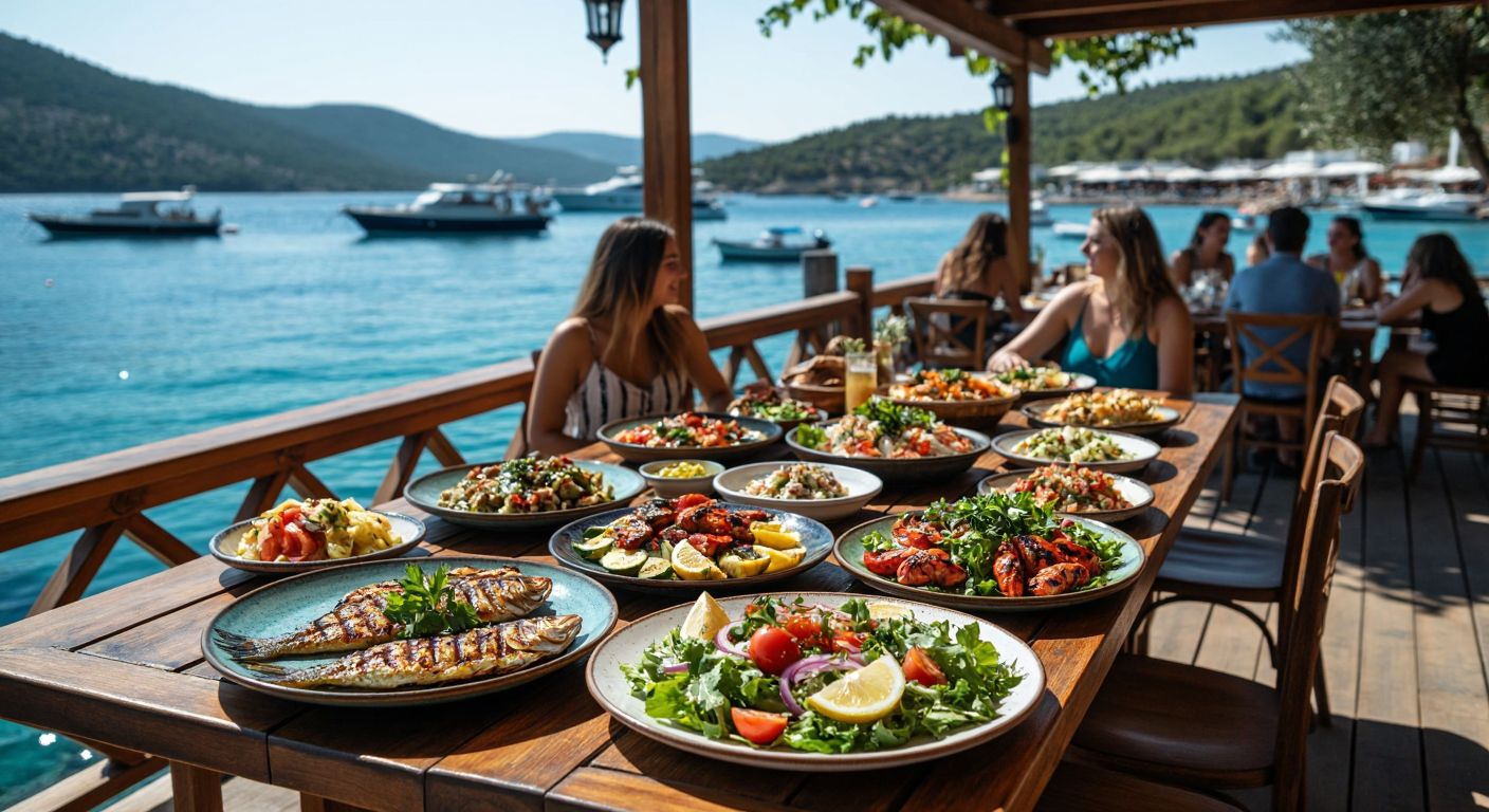 A sunlit seaside restaurant in Bodrum with a wooden deck overlooking turquoise waters, serving a colorful spread of grilled fish, meze platters, and fresh salads on rustic plates, surrounded by happy diners in casual summer attire.