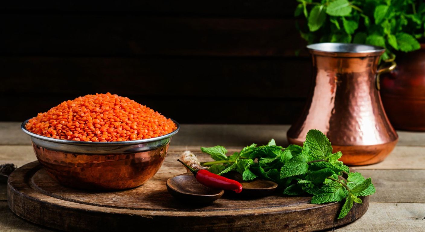 A rustic wooden table in a Turkish kitchen with a bowl of vibrant red lentils, a traditional copper pot, and fresh herbs like mint and parsley, evoking warmth and local pride.
