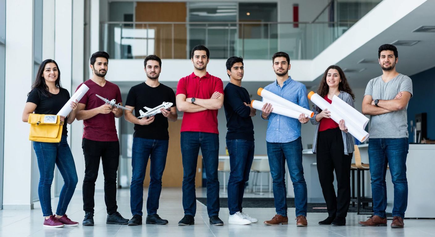 A group of diverse Turkish university students in casual attire, standing confidently in front of a modern aviation engineering lab, holding blueprints and miniature aircraft models, with expressions of curiosity and ambition.