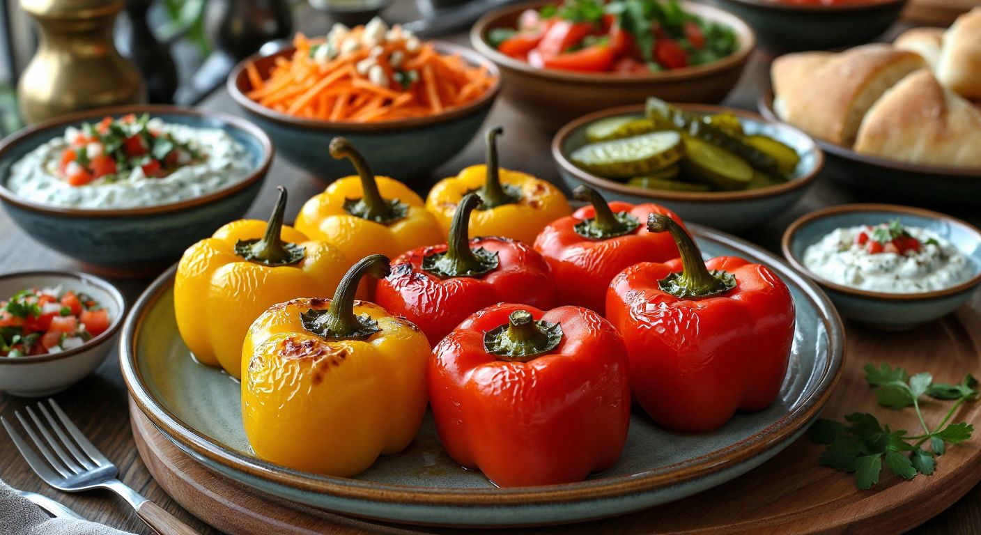 A vibrant Turkish dining table with golden-brown stuffed bell peppers (biber dolması) on a ceramic plate, surrounded by small bowls of fresh carrot salad, creamy cacık, tangy haydari, pickles, colorful çoban salata, and roasted red peppers, evoking warmth and hospitality.