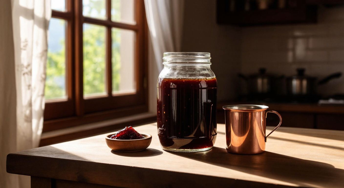 A glass jar filled with thick, dark pekmez sits on a wooden table in a sunlit Turkish kitchen, with a small copper measuring cup beside it.
