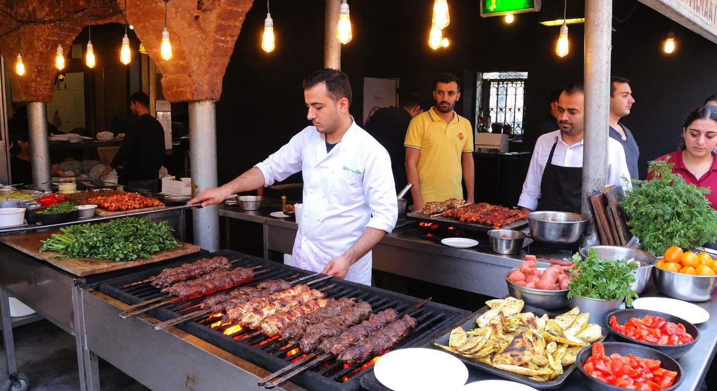 A bustling traditional Turkish kebab restaurant with a skilled chef grilling succulent meat over glowing charcoal, surrounded by fresh ingredients and eager customers in Gaziantep.