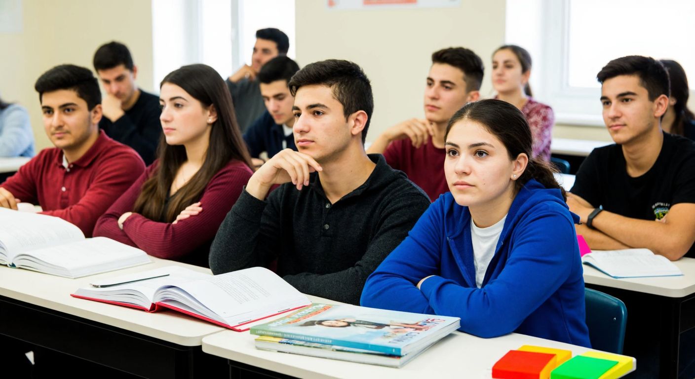 A group of Turkish high school students in a classroom, some looking confident while others appear thoughtful, with open history textbooks and colorful study notes spread across their desks.