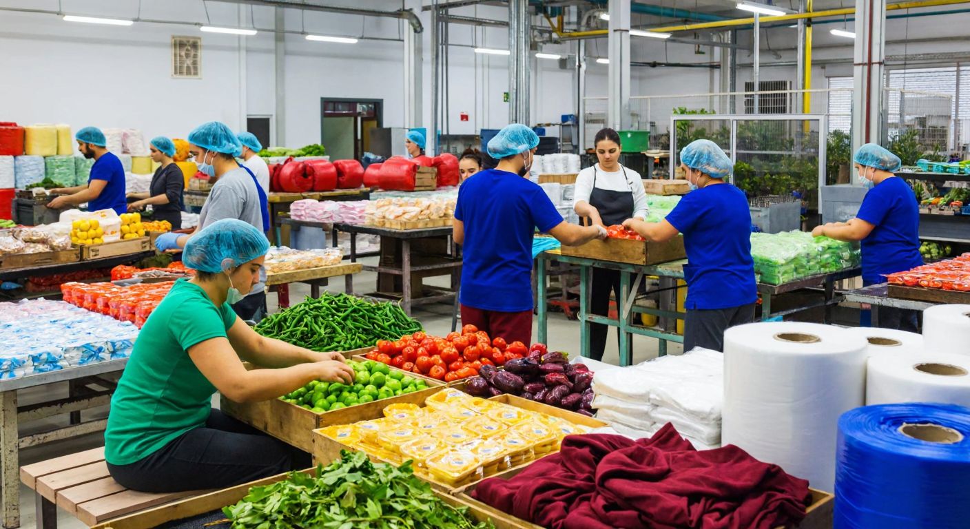 A bustling Turkish factory with workers in hairnets packaging colorful food products and textiles, surrounded by stacks of fresh produce and fabric rolls.